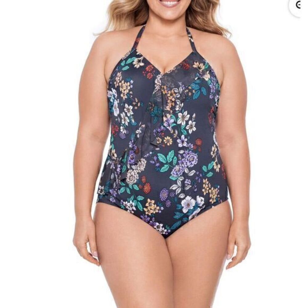 Time‎ and Tru Grey Floral Toe Back One-Piece Bathing Suit, Size 1X (16/18), NWT